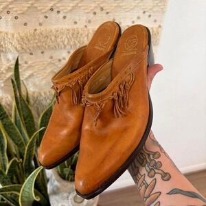 Vintage Durango Cognac Carmel Brown Tan leather fringe mules with a western vibe